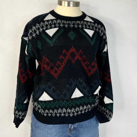 Vintage 80s 90s Grandpa Crew Sweater Geometric Stripped Size Large - Picture 5 of 6